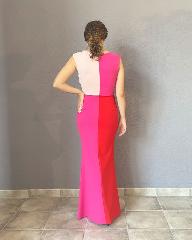Vestido largo tubo tricolor fucsia y rojo