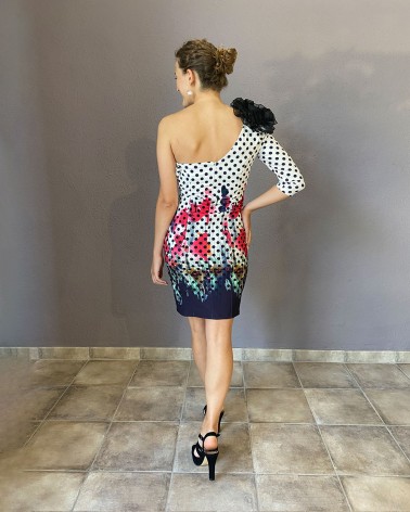 Vestido middi asimétrico estampado lunares azules y acuarela
