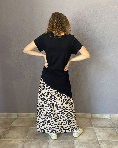 Vestido tobillero bicolor negro con estampado animal print