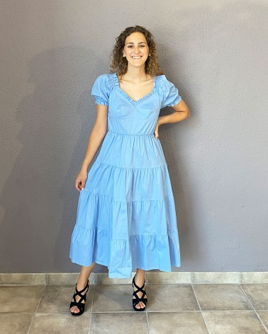 Vestido tobillero de manga farol azul