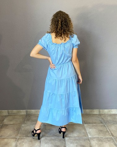 Vestido tobillero de manga farol azul
