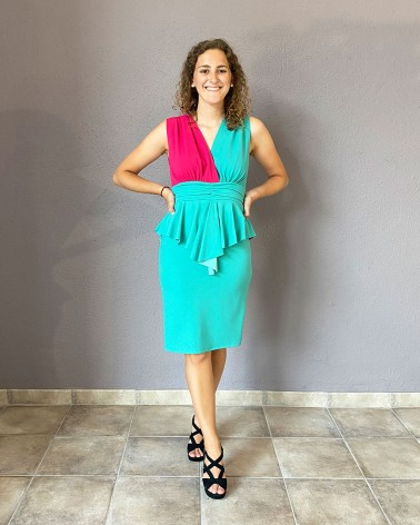 Vestido corto de tirante ancho aguaclara y fucsia