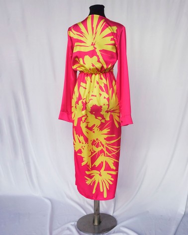 Vestido raso rosa y amarillo manga larga escote en V