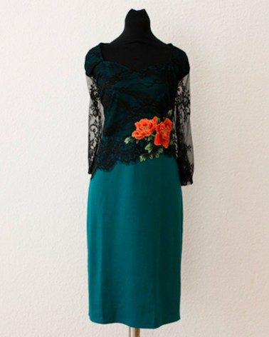 Vestido Middi Verde de Encaje Negro Dibujo Flor con Color