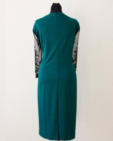 Vestido Middi Verde de Encaje Negro Dibujo Flor con Color