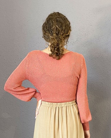 Jersey coral de punto fino con manga abullonada
