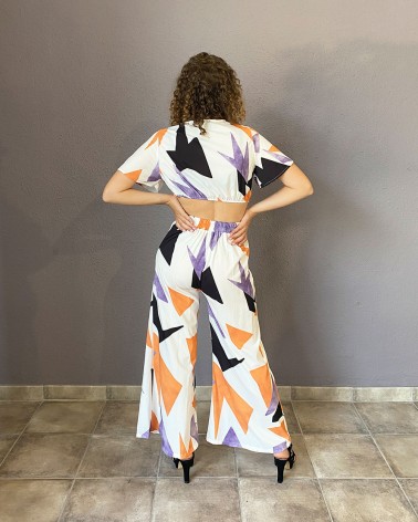 Conjunto dos piezas, top y pantalón diseño étnico naranja y lila