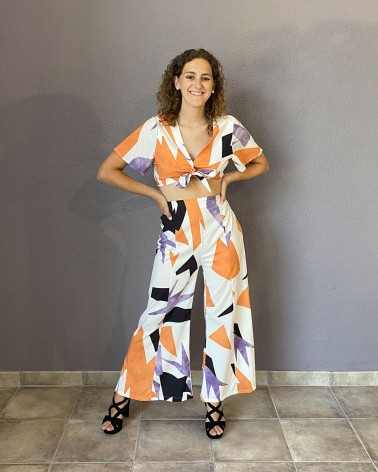 Conjunto dos piezas, top y pantalón diseño étnico naranja y lila