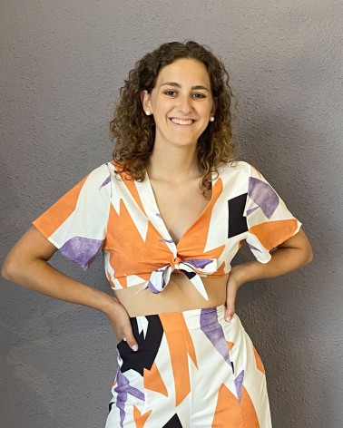 Conjunto dos piezas, top y pantalón diseño étnico naranja y lila