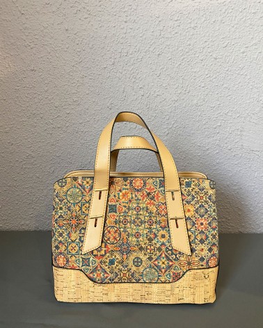 Bolso de mano estampado étnico con base de corcho natural y asas beige