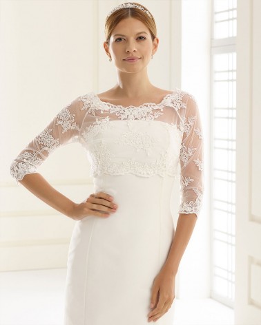 Top de novia de tul bordado con manga francesa y escote barco