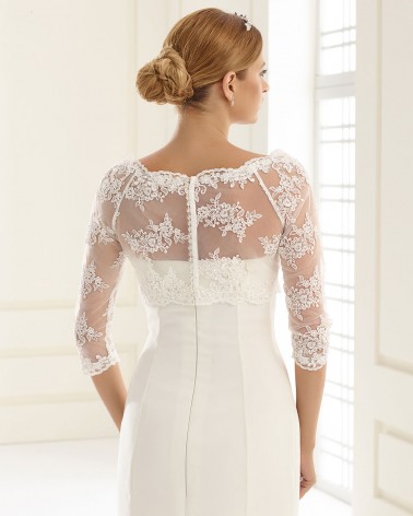 Top de novia de tul bordado con manga francesa y escote barco