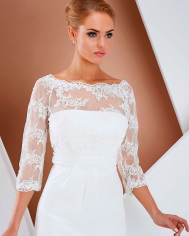 Top de novia de tul bordado con manga francesa y escote barco