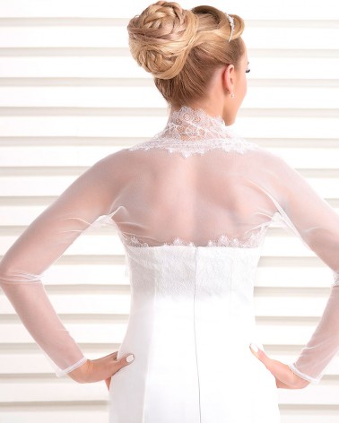 Bolero de tul bordado con encaje floral y manga larga para novia