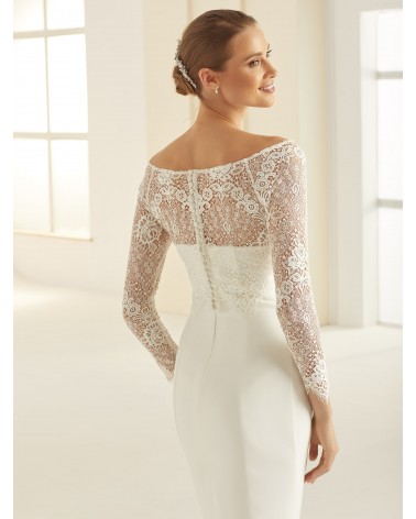 Top de novia en encaje floral con escote barco y manga larga